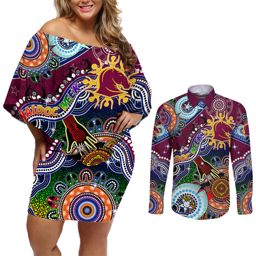 Personalised Broncos NAIDOC Week 2024 Couples Matching Off Shoulder Short Dress and Long Sleeve Button Shirt Australia Aboriginal Dot Painting