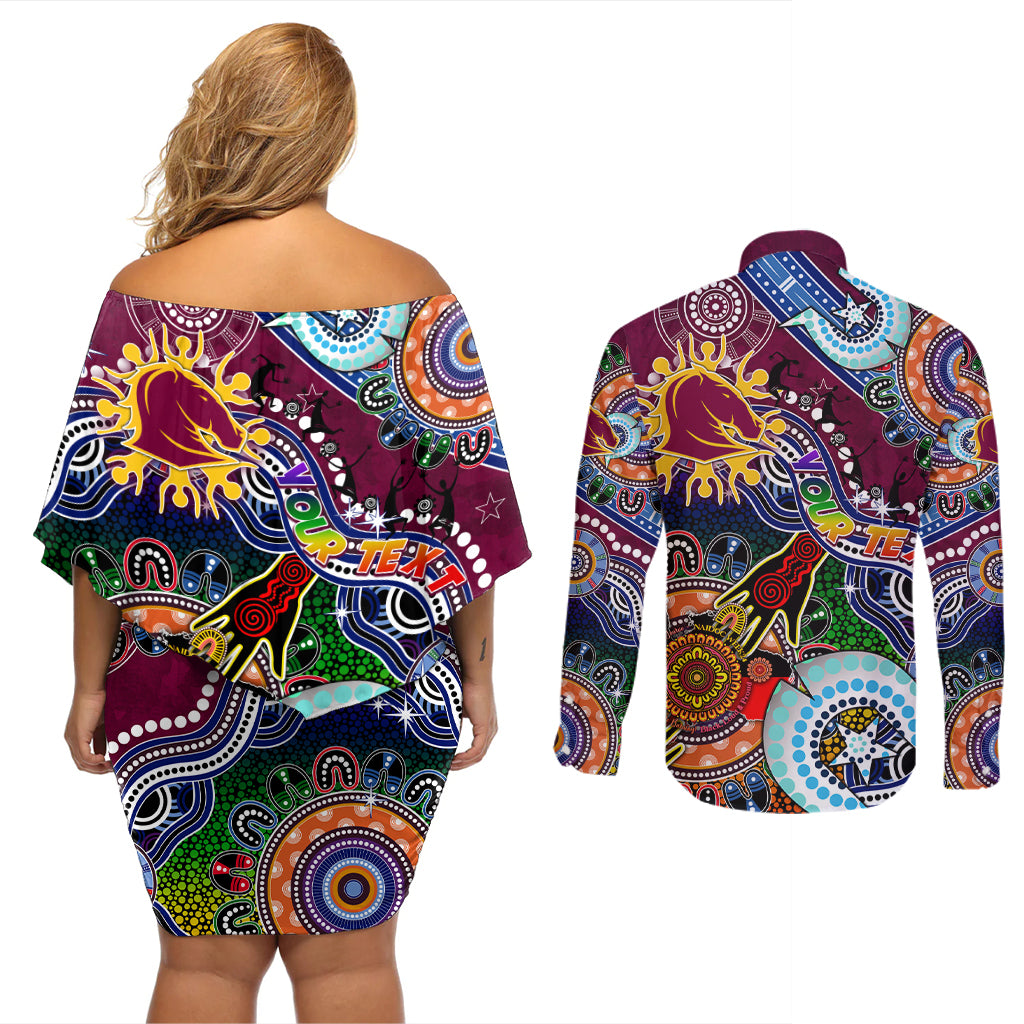 Personalised Broncos NAIDOC Week 2024 Couples Matching Off Shoulder Short Dress and Long Sleeve Button Shirt Australia Aboriginal Dot Painting