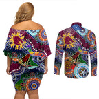 Personalised Broncos NAIDOC Week 2024 Couples Matching Off Shoulder Short Dress and Long Sleeve Button Shirt Australia Aboriginal Dot Painting