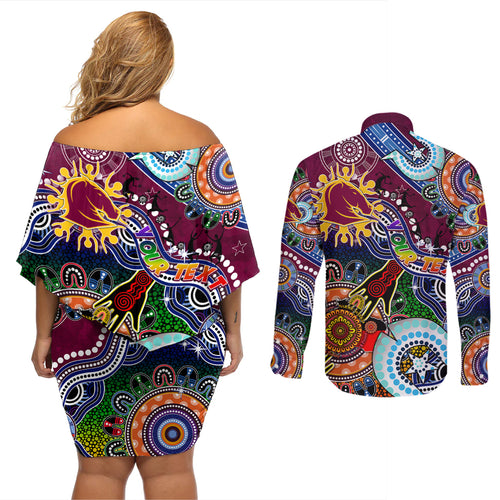 Personalised Broncos NAIDOC Week 2024 Couples Matching Off Shoulder Short Dress and Long Sleeve Button Shirt Australia Aboriginal Dot Painting