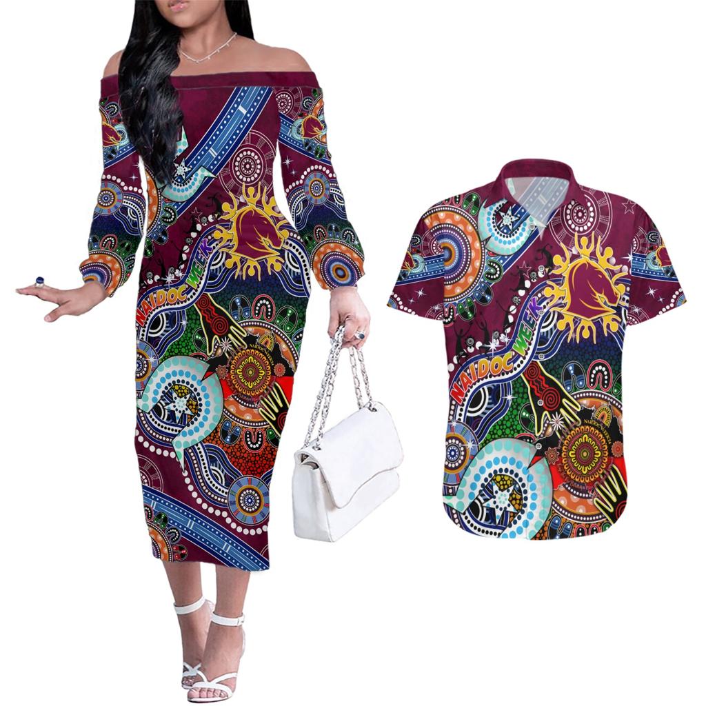 Personalised Broncos NAIDOC Week 2024 Couples Matching Off The Shoulder Long Sleeve Dress and Hawaiian Shirt Australia Aboriginal Dot Painting