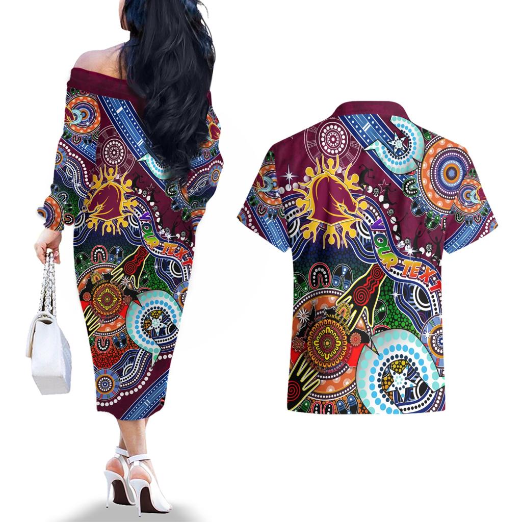 Personalised Broncos NAIDOC Week 2024 Couples Matching Off The Shoulder Long Sleeve Dress and Hawaiian Shirt Australia Aboriginal Dot Painting