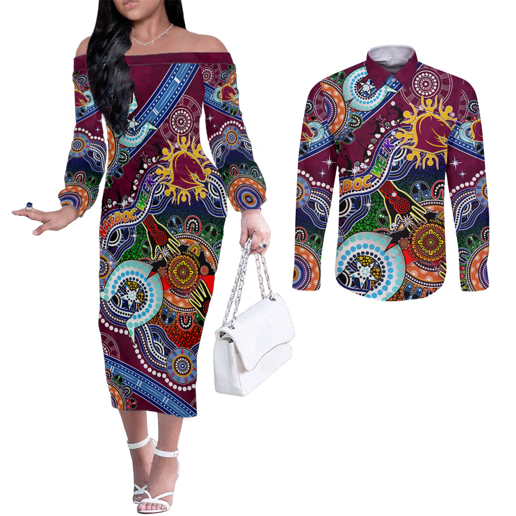Personalised Broncos NAIDOC Week 2024 Couples Matching Off The Shoulder Long Sleeve Dress and Long Sleeve Button Shirt Australia Aboriginal Dot Painting