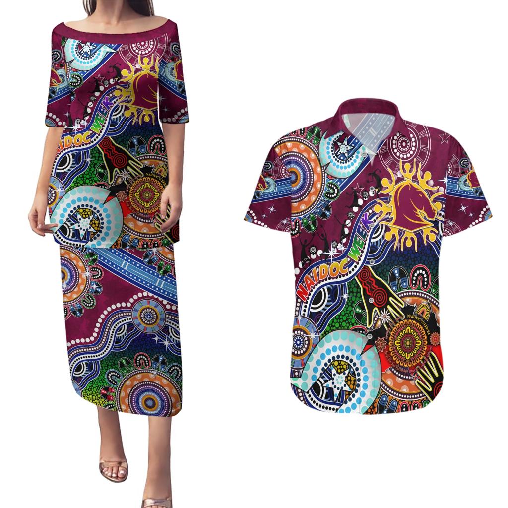 Personalised Broncos NAIDOC Week 2024 Couples Matching Puletasi and Hawaiian Shirt Australia Aboriginal Dot Painting