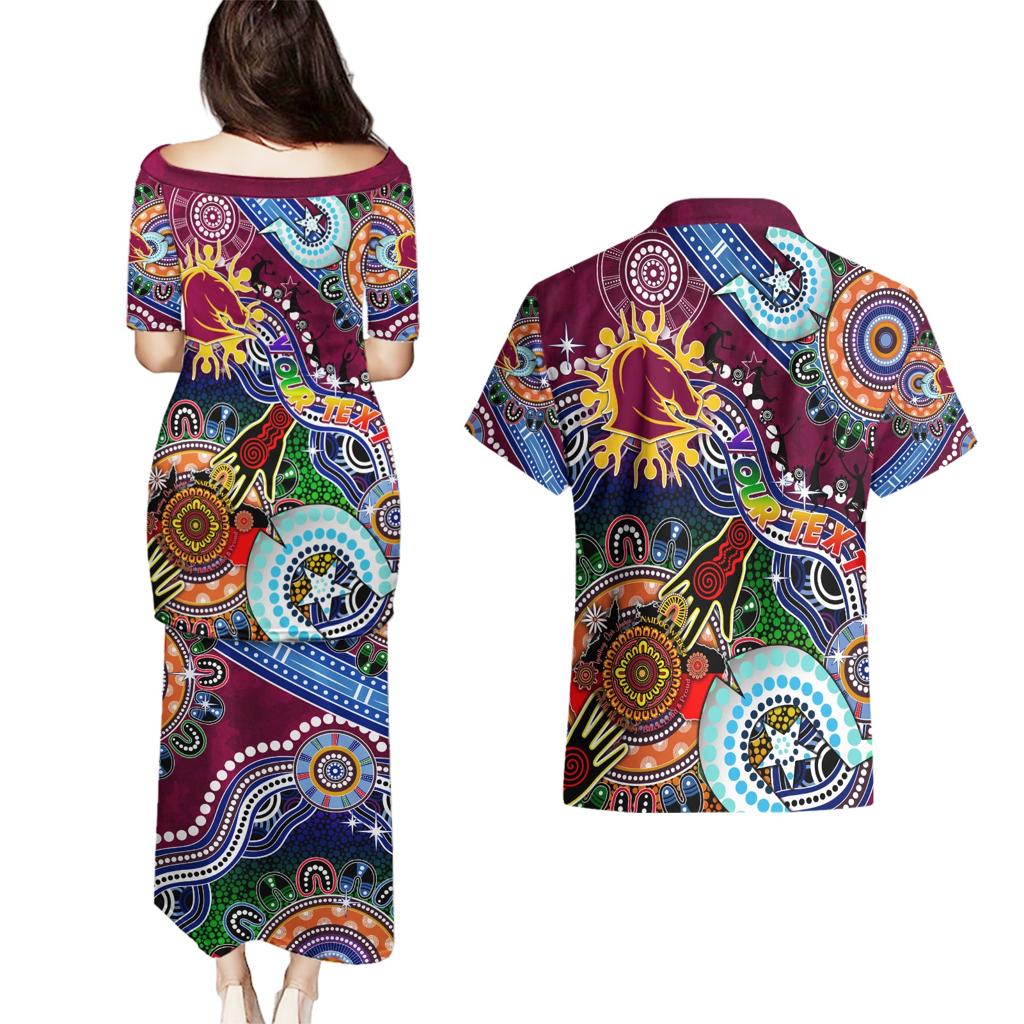 Personalised Broncos NAIDOC Week 2024 Couples Matching Puletasi and Hawaiian Shirt Australia Aboriginal Dot Painting