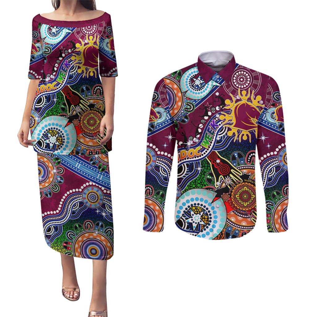 Personalised Broncos NAIDOC Week 2024 Couples Matching Puletasi and Long Sleeve Button Shirt Australia Aboriginal Dot Painting