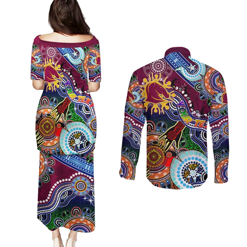Personalised Broncos NAIDOC Week 2024 Couples Matching Puletasi and Long Sleeve Button Shirt Australia Aboriginal Dot Painting