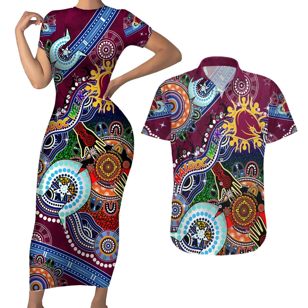 Personalised Broncos NAIDOC Week 2024 Couples Matching Short Sleeve Bodycon Dress and Hawaiian Shirt Australia Aboriginal Dot Painting