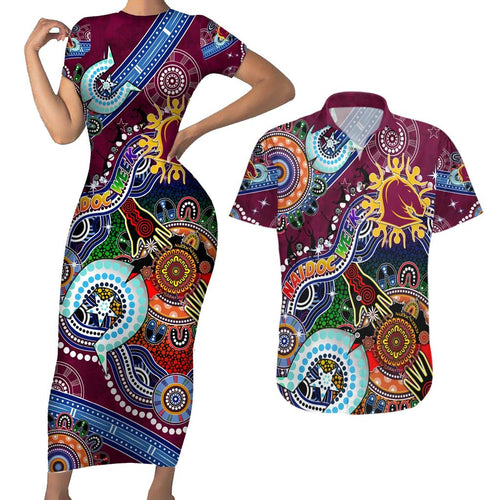Personalised Broncos NAIDOC Week 2024 Couples Matching Short Sleeve Bodycon Dress and Hawaiian Shirt Australia Aboriginal Dot Painting