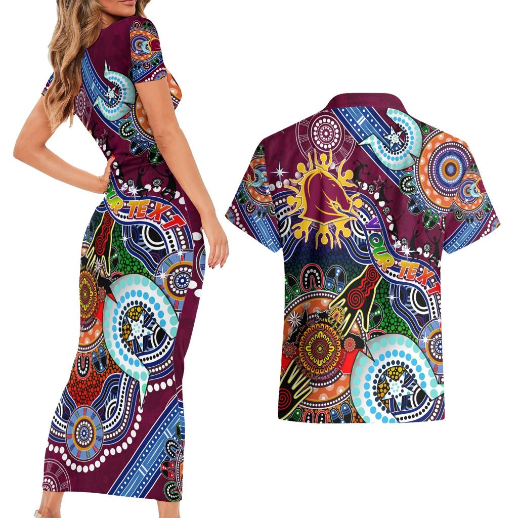 Personalised Broncos NAIDOC Week 2024 Couples Matching Short Sleeve Bodycon Dress and Hawaiian Shirt Australia Aboriginal Dot Painting