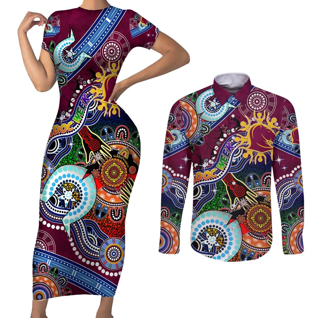 Personalised Broncos NAIDOC Week 2024 Couples Matching Short Sleeve Bodycon Dress and Long Sleeve Button Shirt Australia Aboriginal Dot Painting