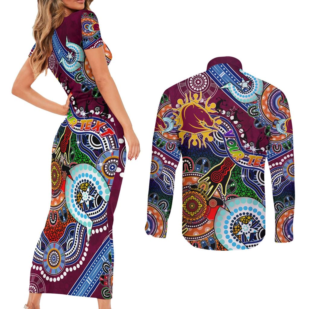 Personalised Broncos NAIDOC Week 2024 Couples Matching Short Sleeve Bodycon Dress and Long Sleeve Button Shirt Australia Aboriginal Dot Painting