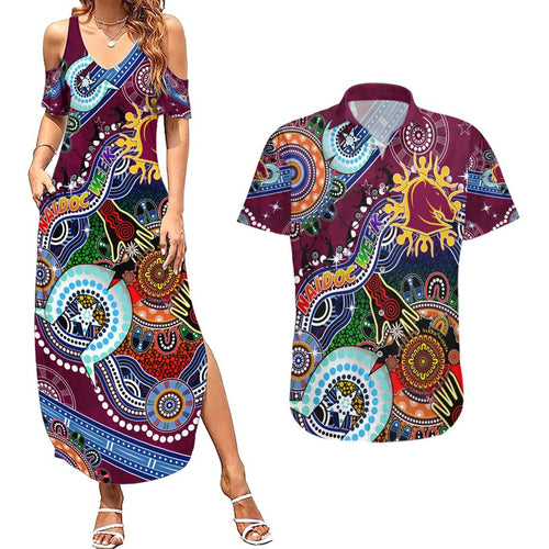 Personalised Broncos NAIDOC Week 2024 Couples Matching Summer Maxi Dress and Hawaiian Shirt Australia Aboriginal Dot Painting