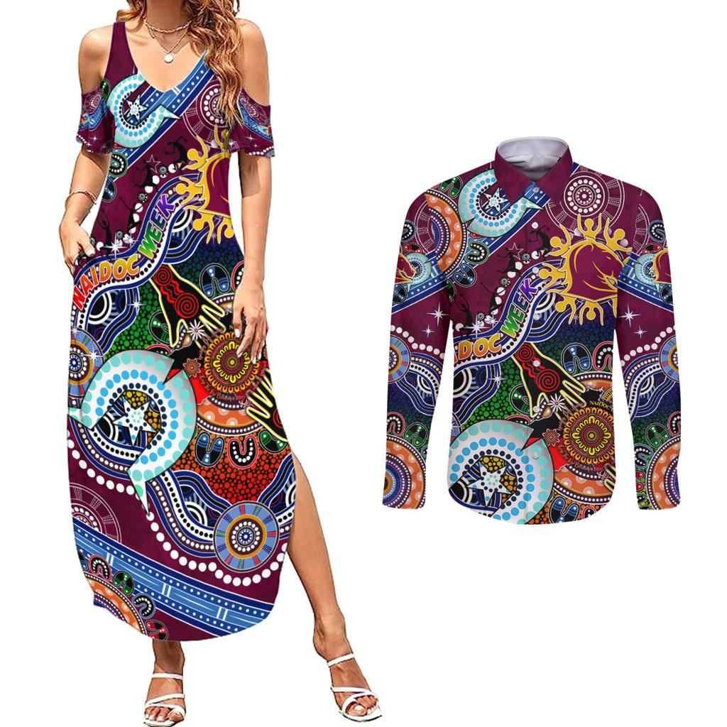 Personalised Broncos NAIDOC Week 2024 Couples Matching Summer Maxi Dress and Long Sleeve Button Shirt Australia Aboriginal Dot Painting