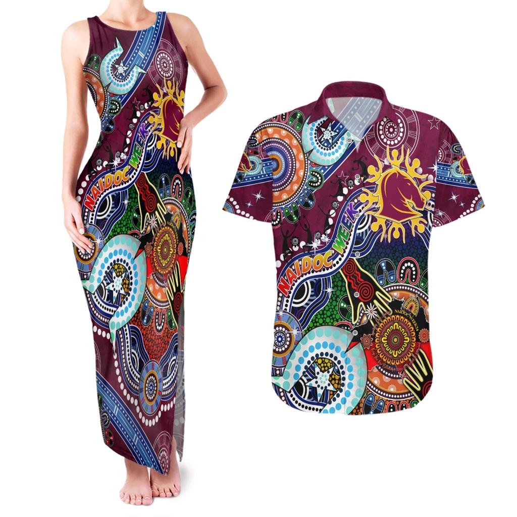 Personalised Broncos NAIDOC Week 2024 Couples Matching Tank Maxi Dress and Hawaiian Shirt Australia Aboriginal Dot Painting