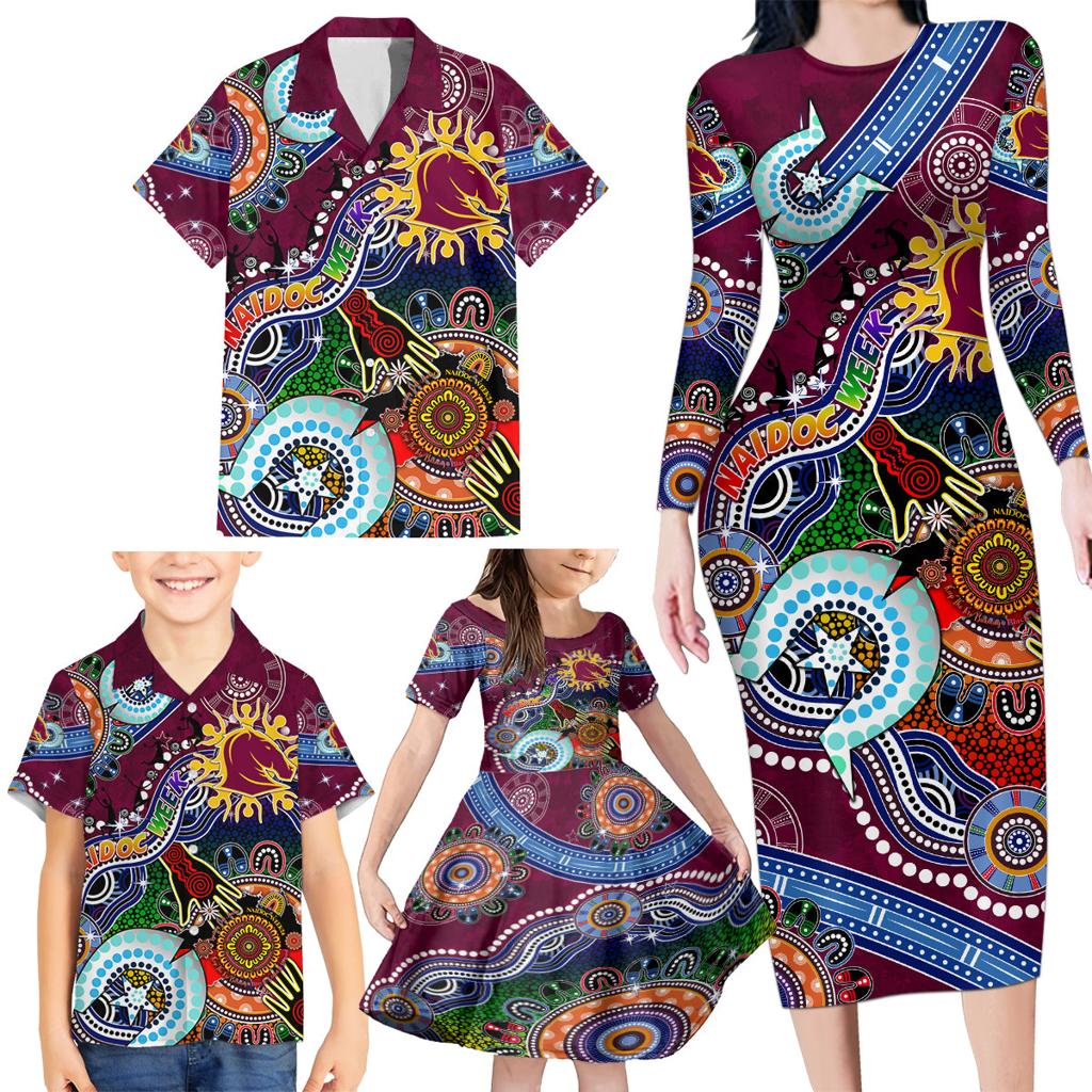 Personalised Broncos NAIDOC Week 2024 Family Matching Long Sleeve Bodycon Dress and Hawaiian Shirt Australia Aboriginal Dot Painting