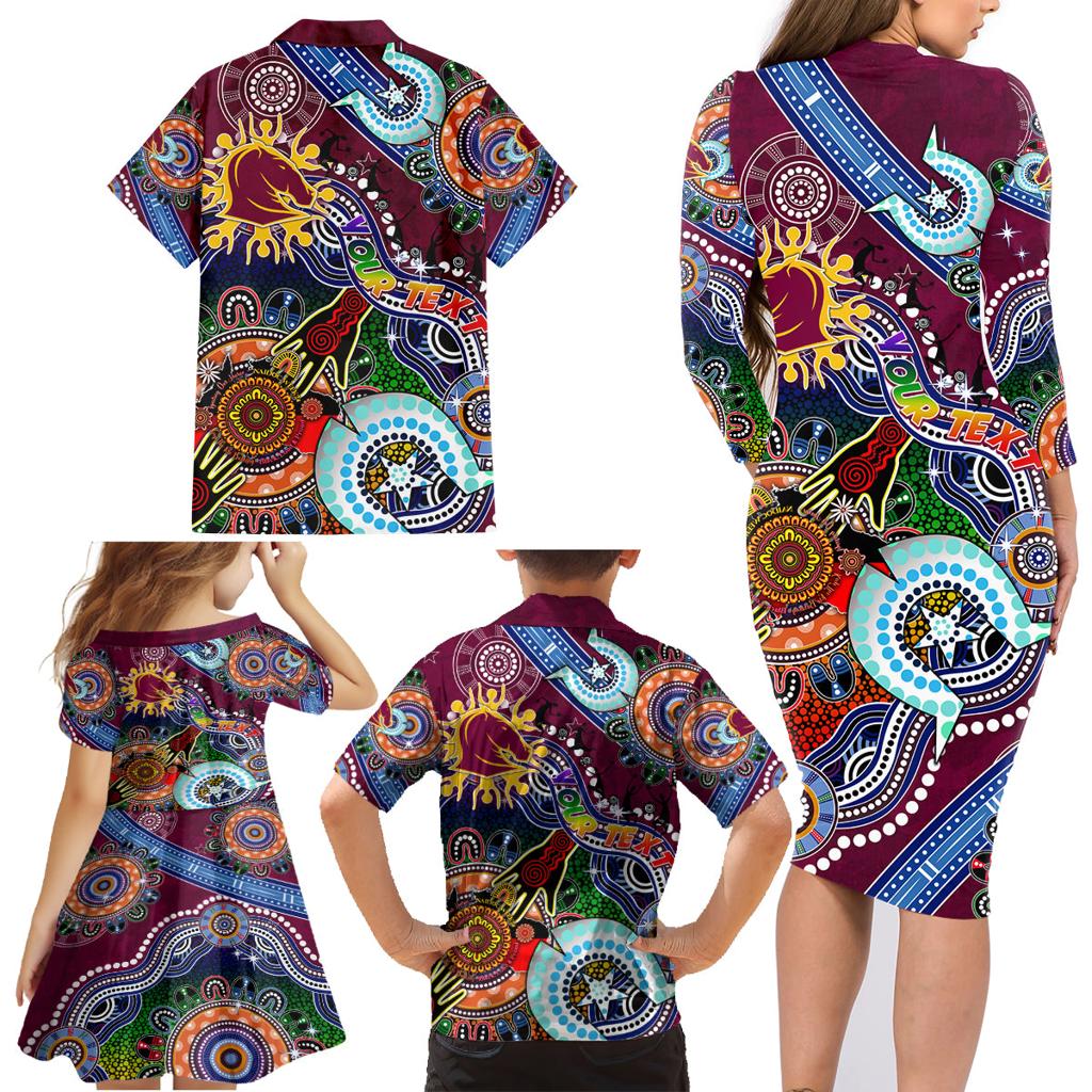 Personalised Broncos NAIDOC Week 2024 Family Matching Long Sleeve Bodycon Dress and Hawaiian Shirt Australia Aboriginal Dot Painting