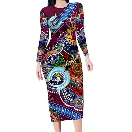 Personalised Broncos NAIDOC Week 2024 Family Matching Long Sleeve Bodycon Dress and Hawaiian Shirt Australia Aboriginal Dot Painting