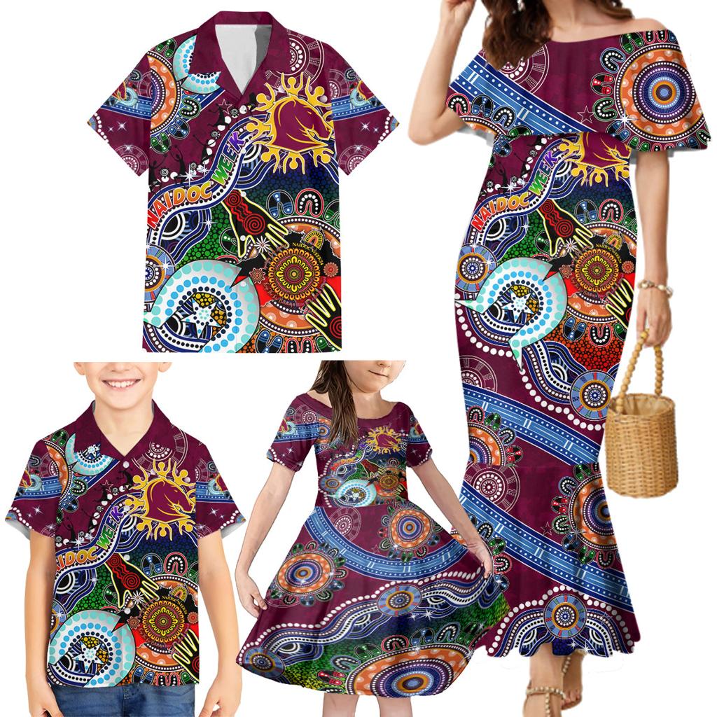 Personalised Broncos NAIDOC Week 2024 Family Matching Mermaid Dress and Hawaiian Shirt Australia Aboriginal Dot Painting
