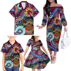 Personalised Broncos NAIDOC Week 2024 Family Matching Off The Shoulder Long Sleeve Dress and Hawaiian Shirt Australia Aboriginal Dot Painting