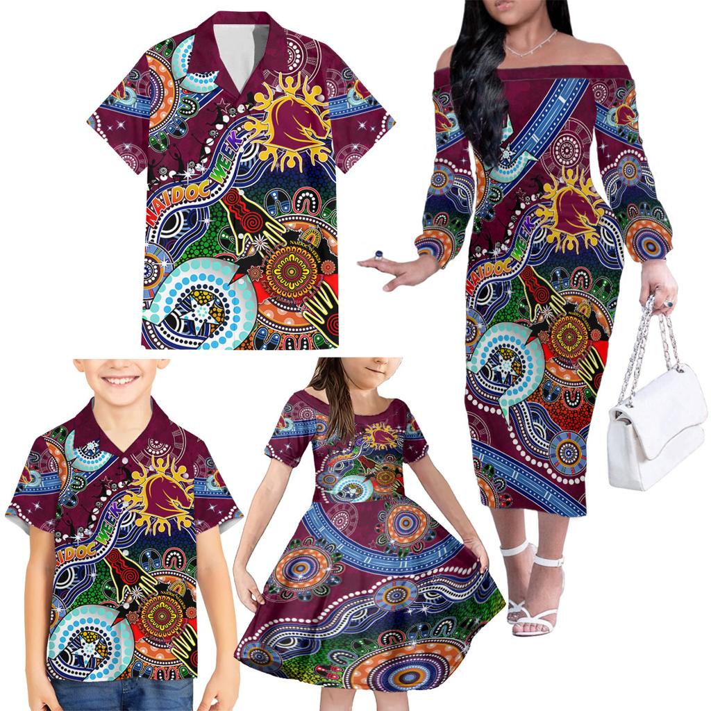 Personalised Broncos NAIDOC Week 2024 Family Matching Off The Shoulder Long Sleeve Dress and Hawaiian Shirt Australia Aboriginal Dot Painting