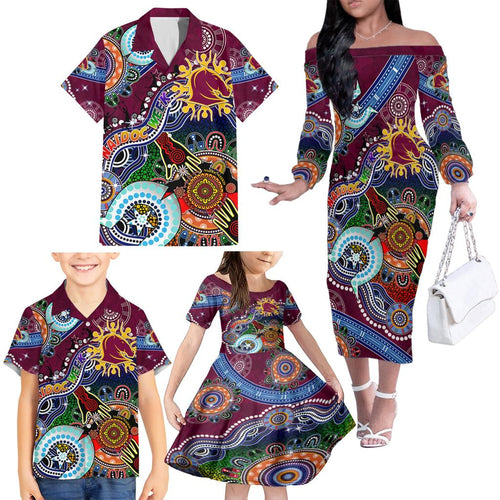 Personalised Broncos NAIDOC Week 2024 Family Matching Off The Shoulder Long Sleeve Dress and Hawaiian Shirt Australia Aboriginal Dot Painting