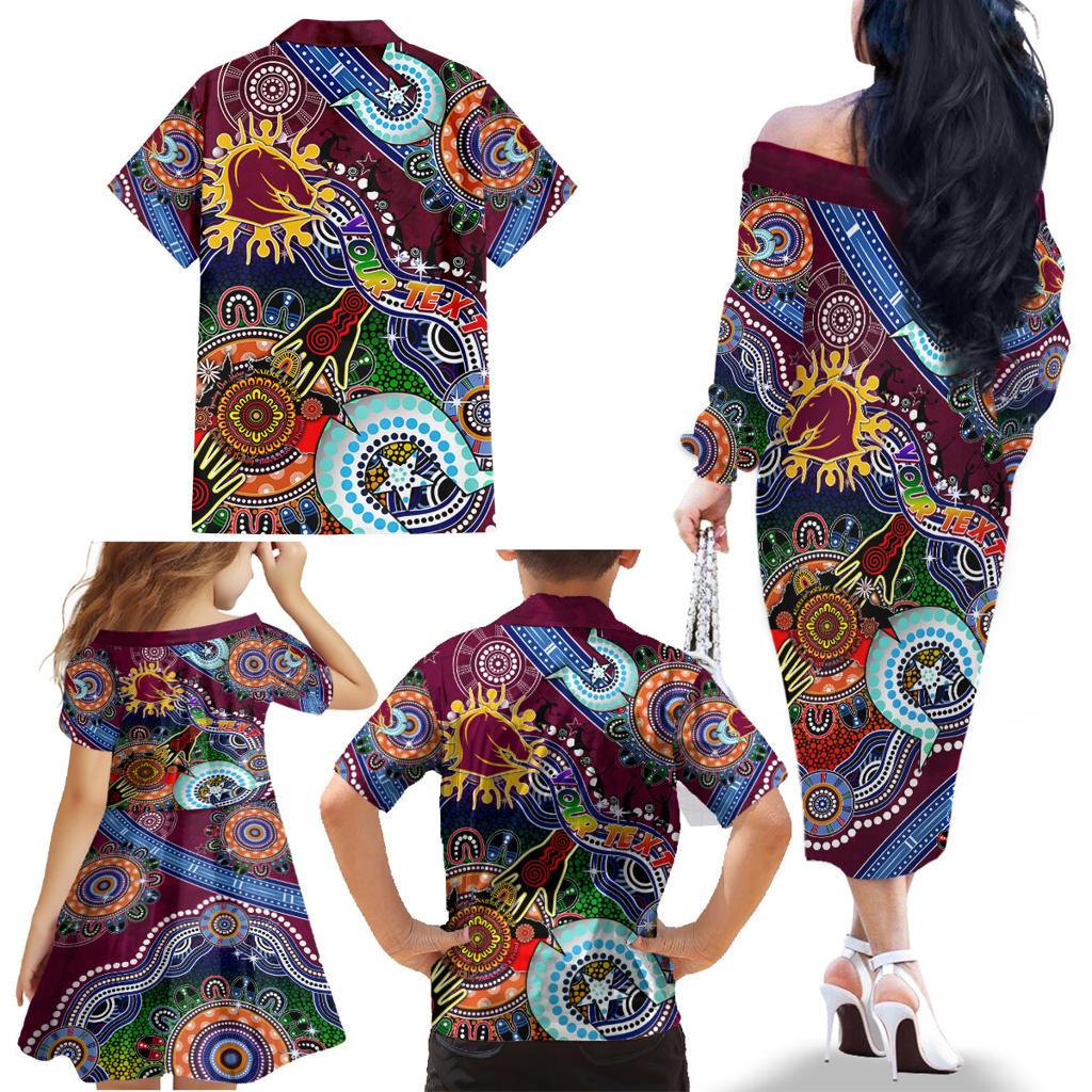 Personalised Broncos NAIDOC Week 2024 Family Matching Off The Shoulder Long Sleeve Dress and Hawaiian Shirt Australia Aboriginal Dot Painting
