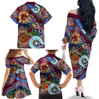 Personalised Broncos NAIDOC Week 2024 Family Matching Off The Shoulder Long Sleeve Dress and Hawaiian Shirt Australia Aboriginal Dot Painting