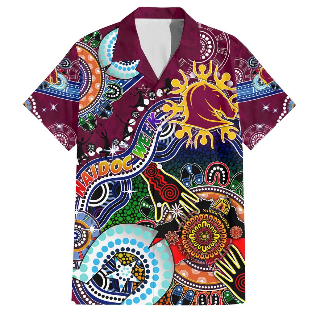 Personalised Broncos NAIDOC Week 2024 Family Matching Off The Shoulder Long Sleeve Dress and Hawaiian Shirt Australia Aboriginal Dot Painting