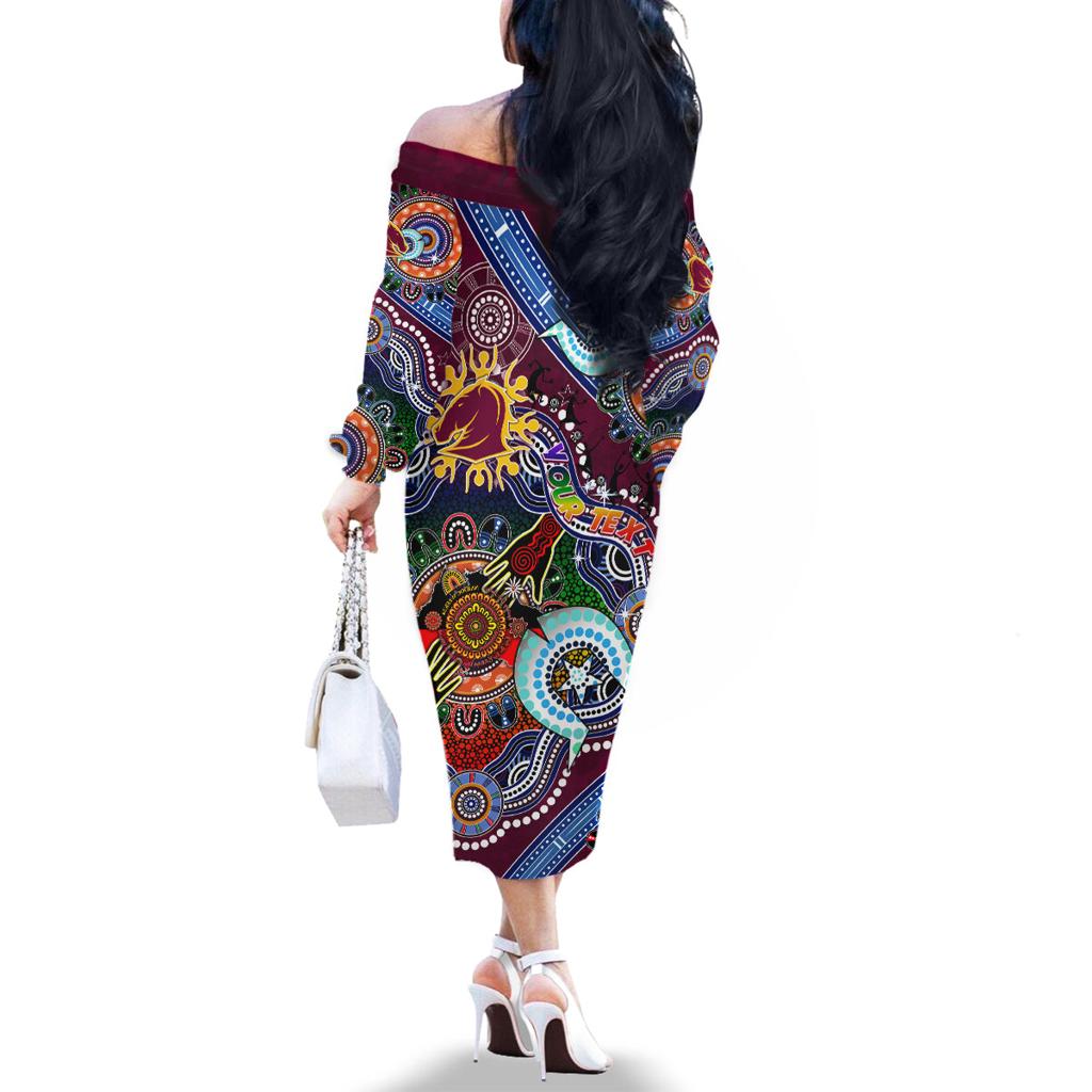Personalised Broncos NAIDOC Week 2024 Family Matching Off The Shoulder Long Sleeve Dress and Hawaiian Shirt Australia Aboriginal Dot Painting
