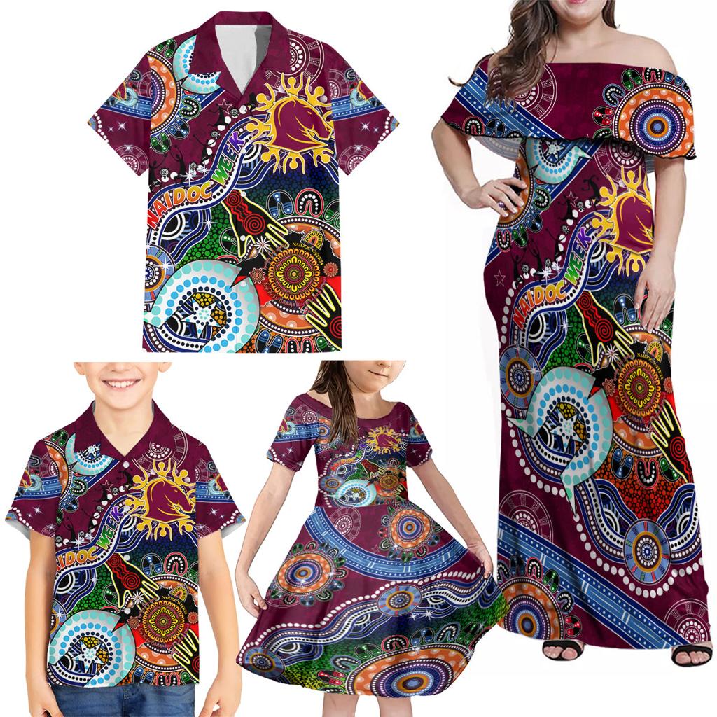 Personalised Broncos NAIDOC Week 2024 Family Matching Off Shoulder Maxi Dress and Hawaiian Shirt Australia Aboriginal Dot Painting