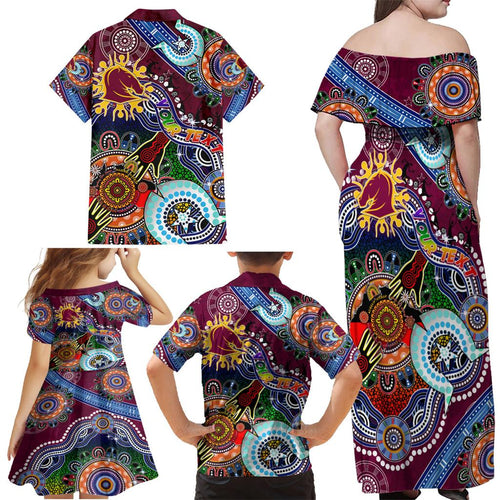 Personalised Broncos NAIDOC Week 2024 Family Matching Off Shoulder Maxi Dress and Hawaiian Shirt Australia Aboriginal Dot Painting