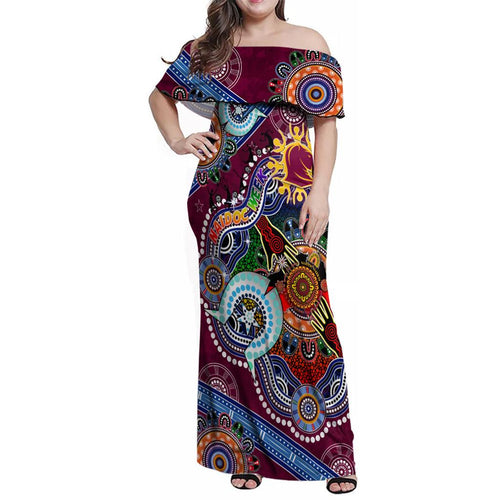 Personalised Broncos NAIDOC Week 2024 Family Matching Off Shoulder Maxi Dress and Hawaiian Shirt Australia Aboriginal Dot Painting