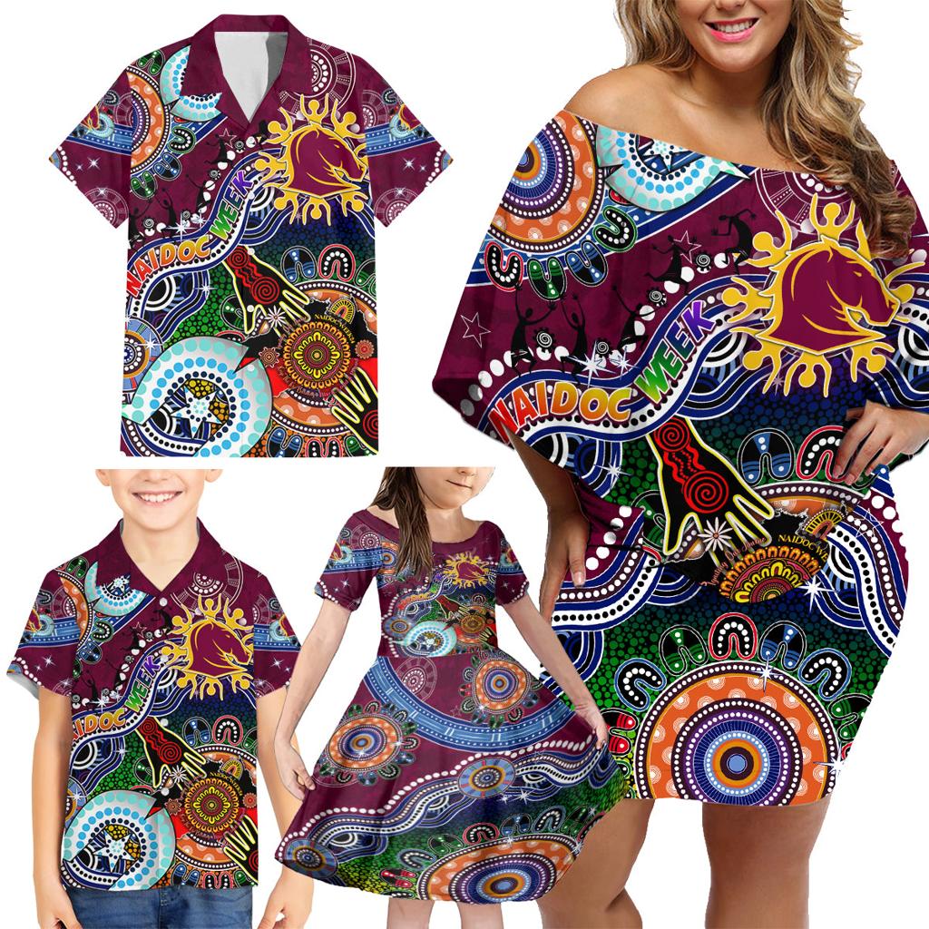 Personalised Broncos NAIDOC Week 2024 Family Matching Off Shoulder Short Dress and Hawaiian Shirt Australia Aboriginal Dot Painting