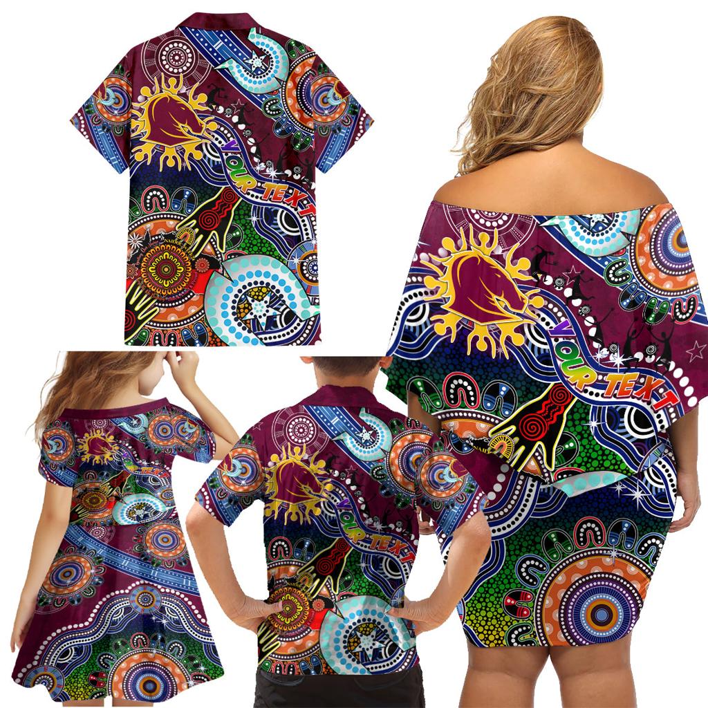 Personalised Broncos NAIDOC Week 2024 Family Matching Off Shoulder Short Dress and Hawaiian Shirt Australia Aboriginal Dot Painting