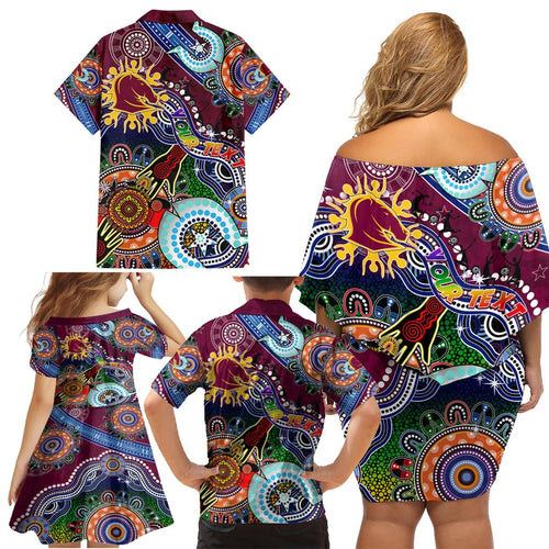 Personalised Broncos NAIDOC Week 2024 Family Matching Off Shoulder Short Dress and Hawaiian Shirt Australia Aboriginal Dot Painting