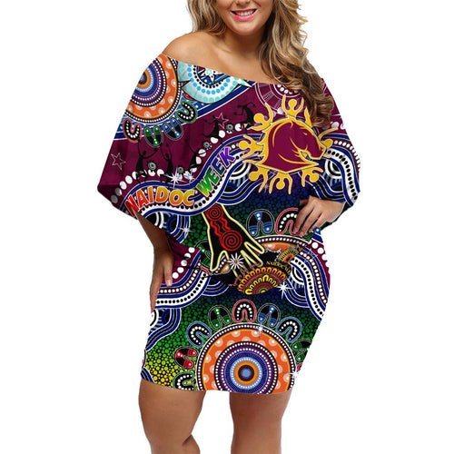 Personalised Broncos NAIDOC Week 2024 Family Matching Off Shoulder Short Dress and Hawaiian Shirt Australia Aboriginal Dot Painting
