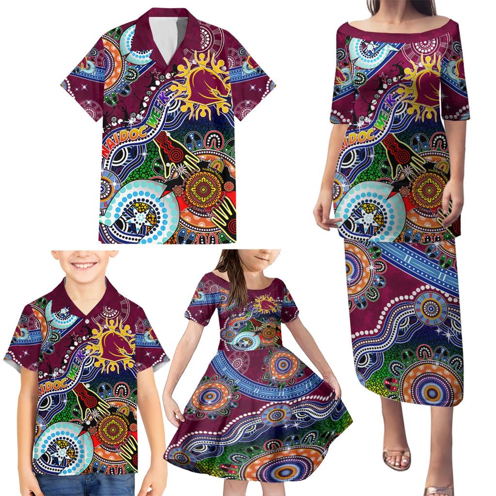 Personalised Broncos NAIDOC Week 2024 Family Matching Puletasi and Hawaiian Shirt Australia Aboriginal Dot Painting