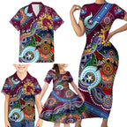 Personalised Broncos NAIDOC Week 2024 Family Matching Short Sleeve Bodycon Dress and Hawaiian Shirt Australia Aboriginal Dot Painting
