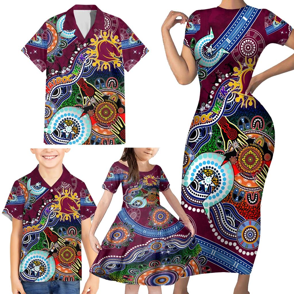 Personalised Broncos NAIDOC Week 2024 Family Matching Short Sleeve Bodycon Dress and Hawaiian Shirt Australia Aboriginal Dot Painting