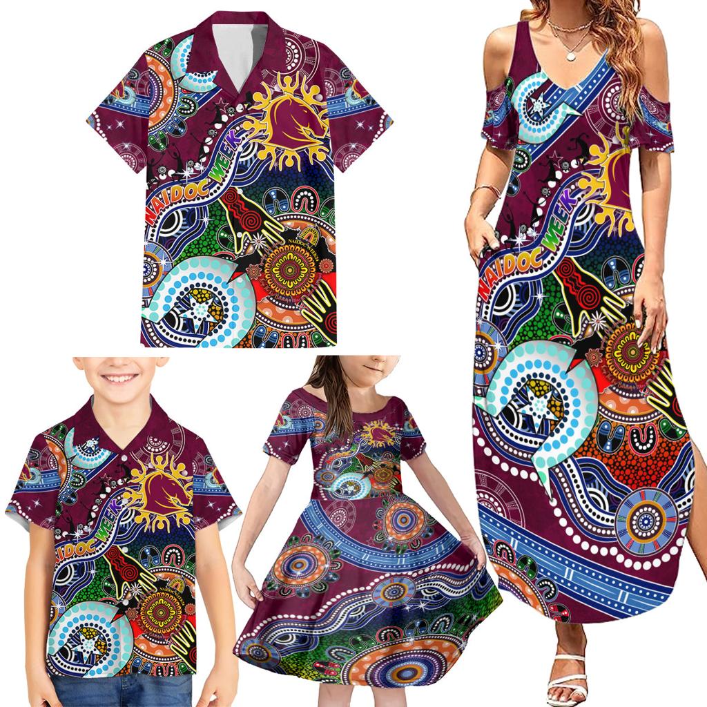 Personalised Broncos NAIDOC Week 2024 Family Matching Summer Maxi Dress and Hawaiian Shirt Australia Aboriginal Dot Painting