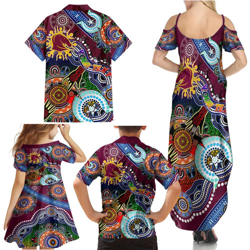 Personalised Broncos NAIDOC Week 2024 Family Matching Summer Maxi Dress and Hawaiian Shirt Australia Aboriginal Dot Painting