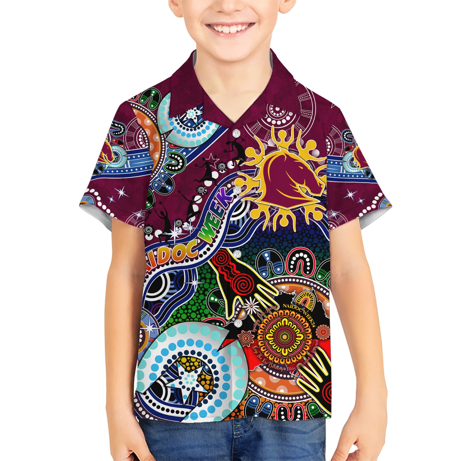 Personalised Broncos NAIDOC Week 2024 Hawaiian Shirt Australia Aboriginal Dot Painting