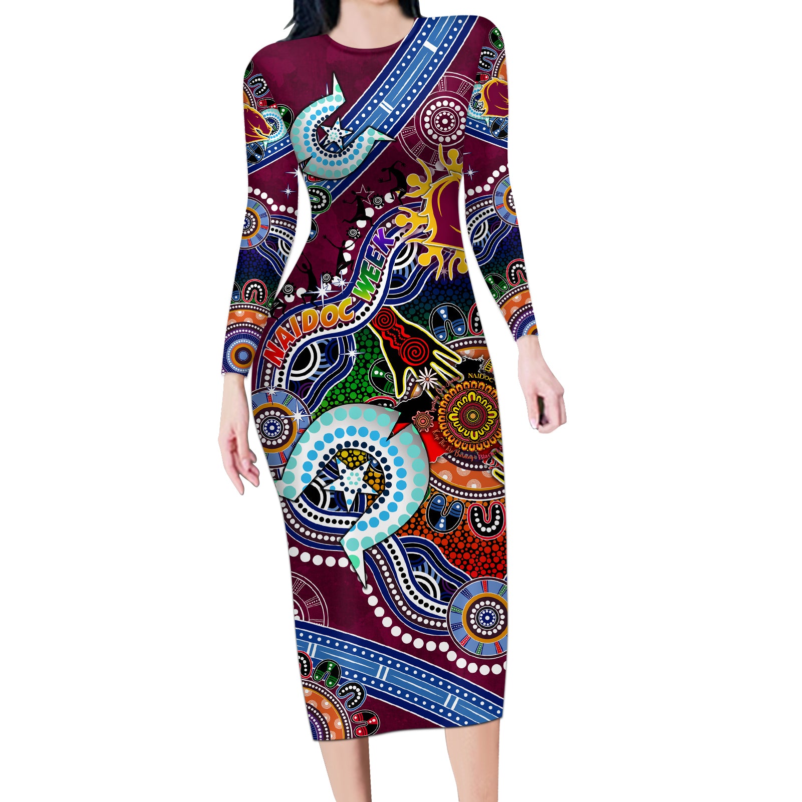 Personalised Broncos NAIDOC Week 2024 Long Sleeve Bodycon Dress Australia Aboriginal Dot Painting