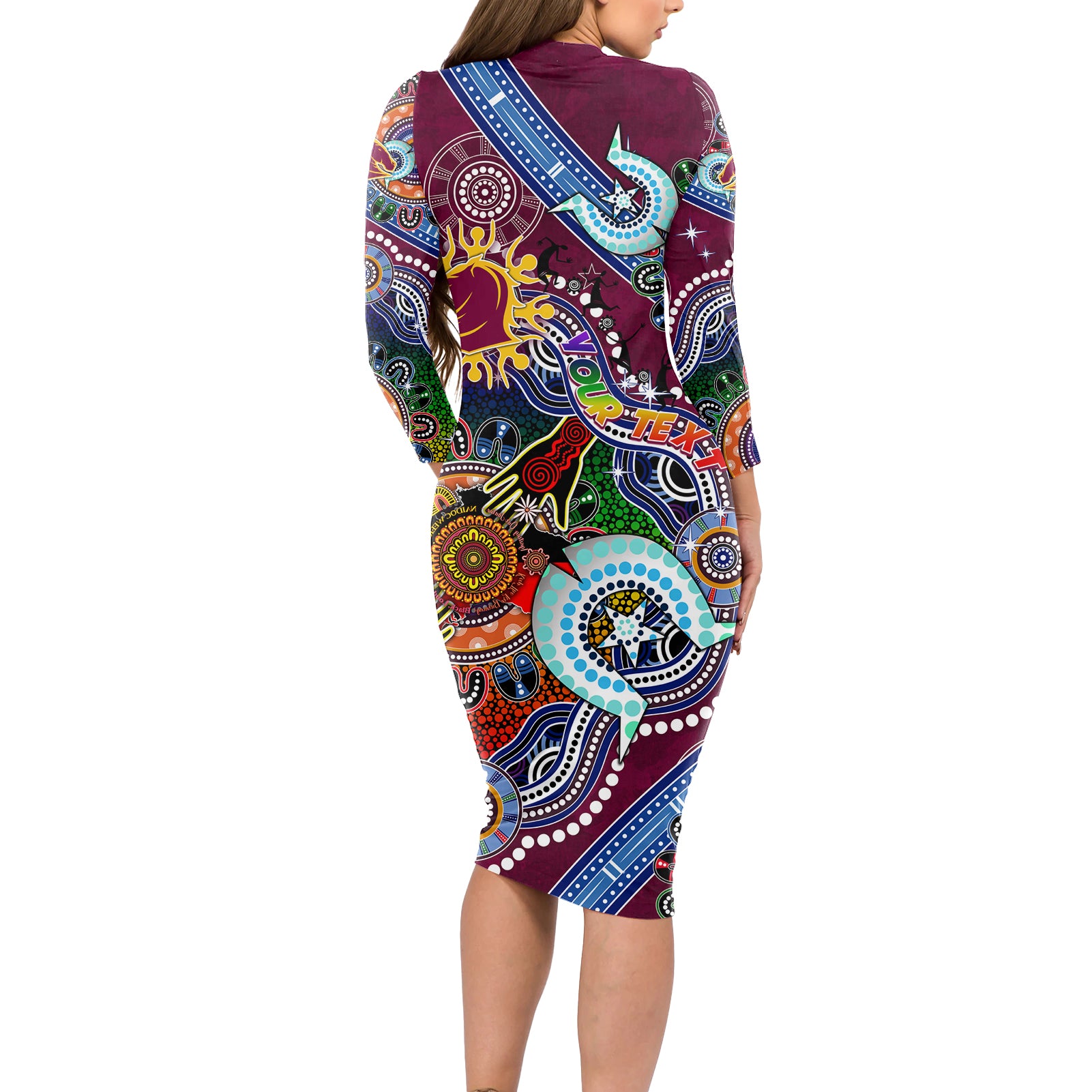 Personalised Broncos NAIDOC Week 2024 Long Sleeve Bodycon Dress Australia Aboriginal Dot Painting