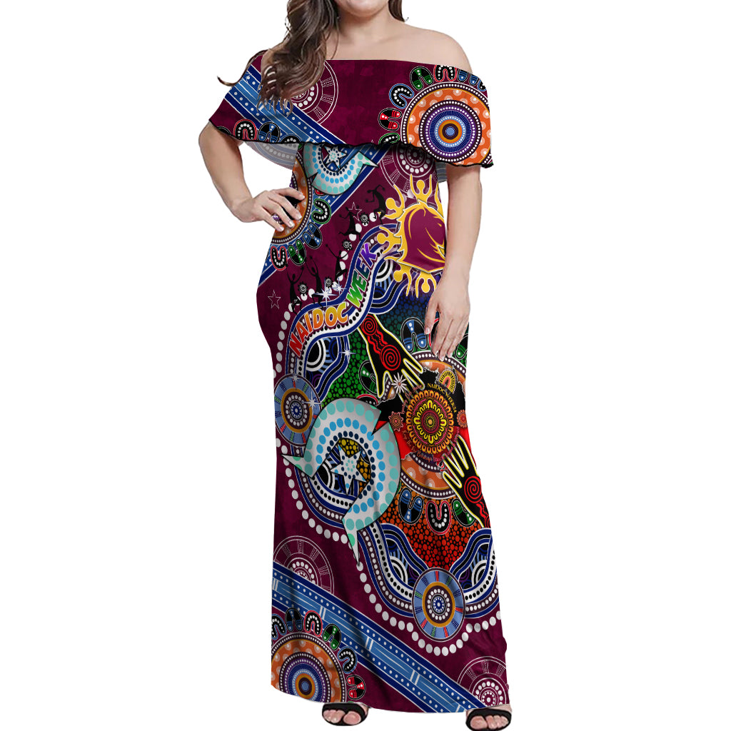 Personalised Broncos NAIDOC Week 2024 Off Shoulder Maxi Dress Australia Aboriginal Dot Painting