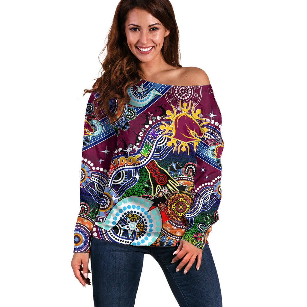 Personalised Broncos NAIDOC Week 2024 Off Shoulder Sweater Australia Aboriginal Dot Painting