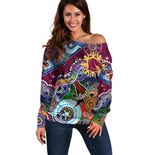 Personalised Broncos NAIDOC Week 2024 Off Shoulder Sweater Australia Aboriginal Dot Painting