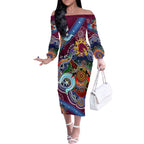 Personalised Broncos NAIDOC Week 2024 Off The Shoulder Long Sleeve Dress Australia Aboriginal Dot Painting