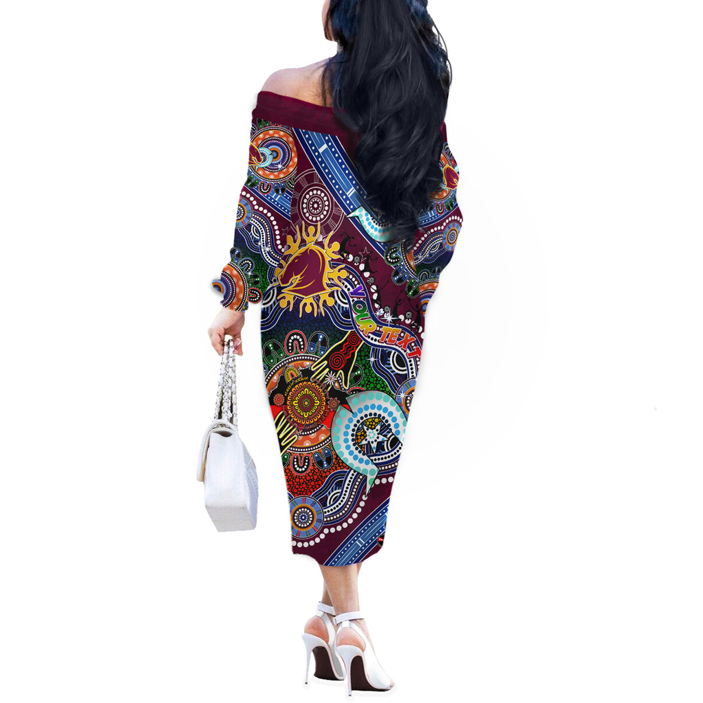 Personalised Broncos NAIDOC Week 2024 Off The Shoulder Long Sleeve Dress Australia Aboriginal Dot Painting